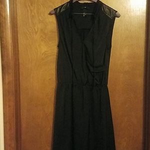 Black Sleeveless Faux Wrap Leather Trim Dress